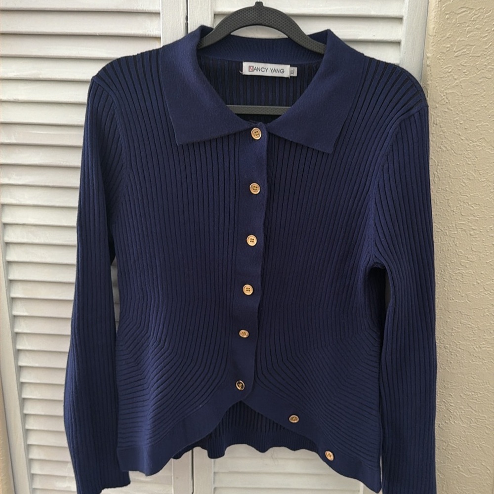 Nancy Yang Navy Ribbed Button-Up Cardigan - Picture 3 of 11